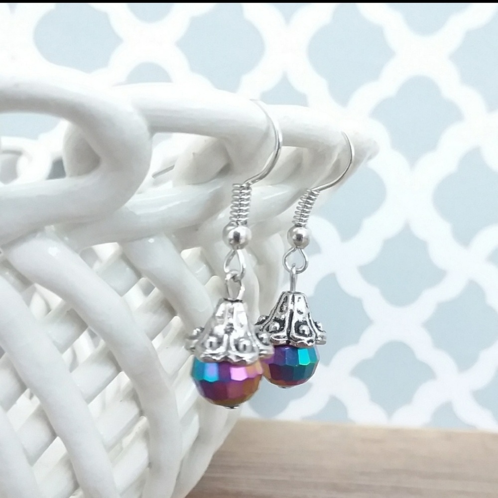 Dark Iridescent Bead Silver Tone Hook Earrings